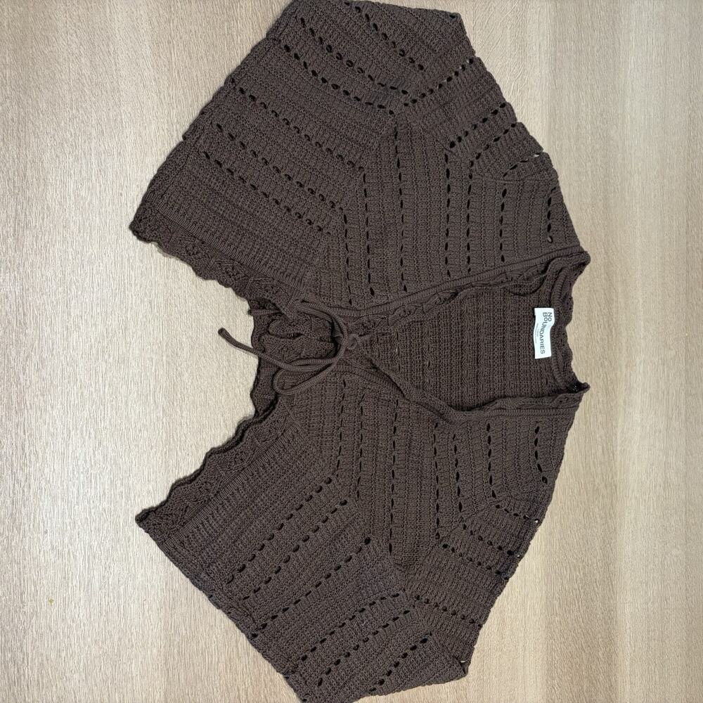 No Boundaries Brown Open-Knit V-Neck Tie-Front Cropped Cardigan Sweater L